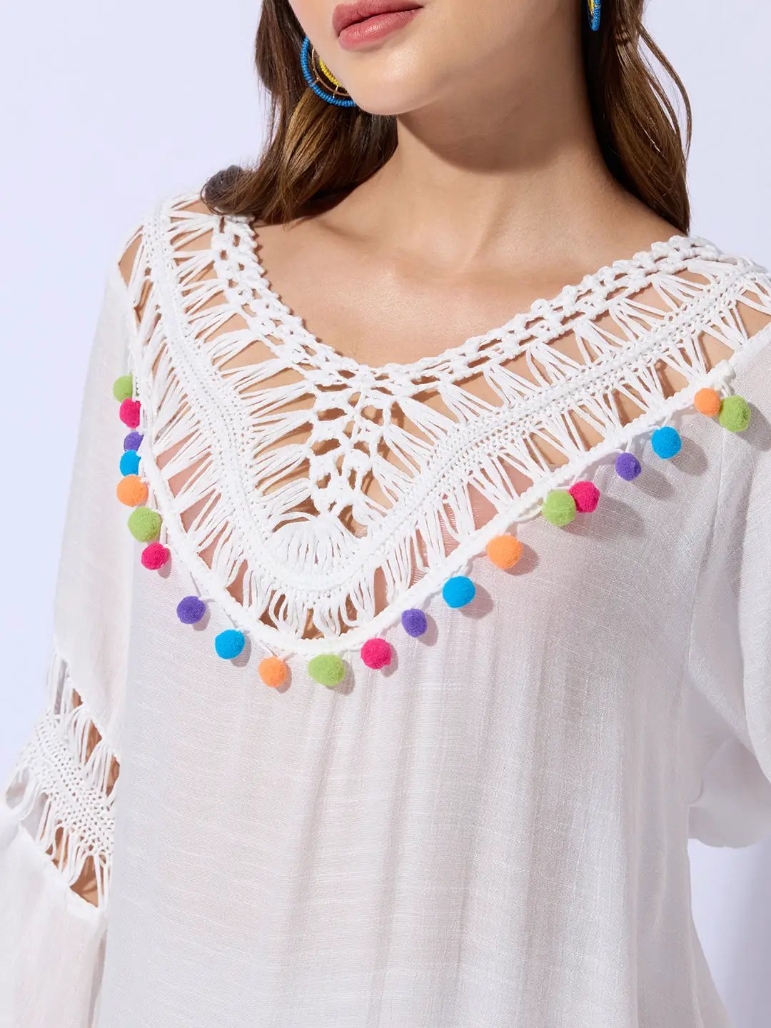 Women's White Dress with Pom-Poms and Crochet Detail