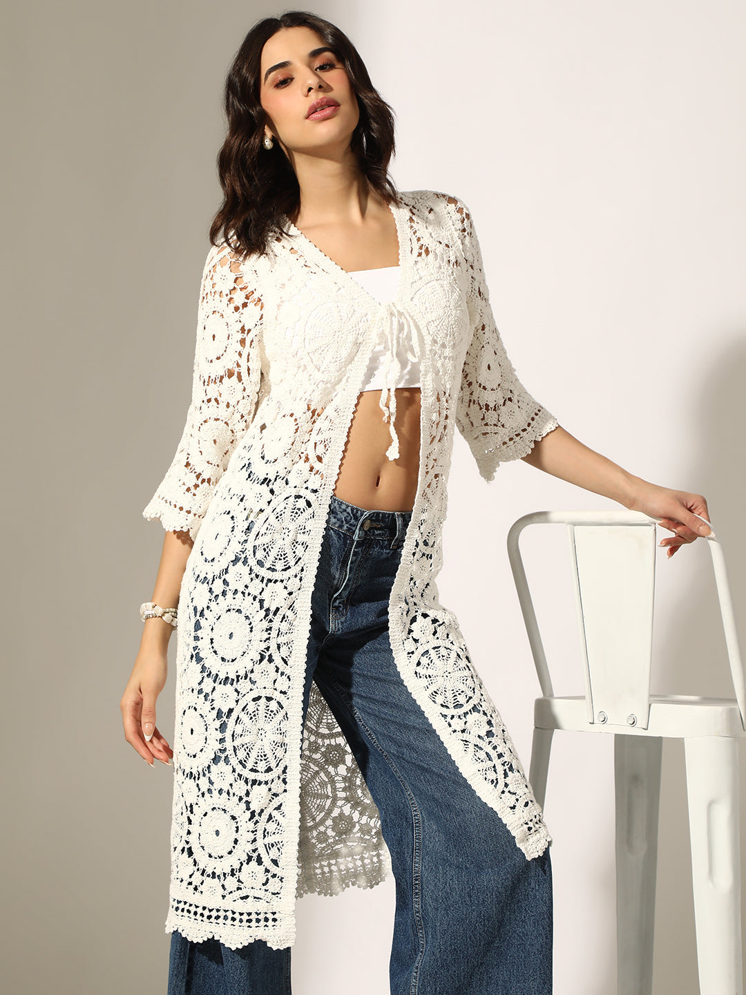 Women's White Crochet Tie-Up Shrug with Scalloped Hem