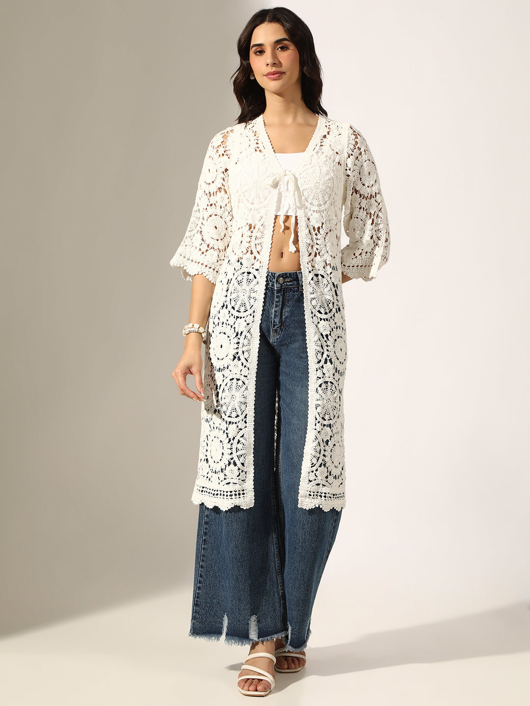 Women's White Crochet Tie-Up Shrug with Scalloped Hem