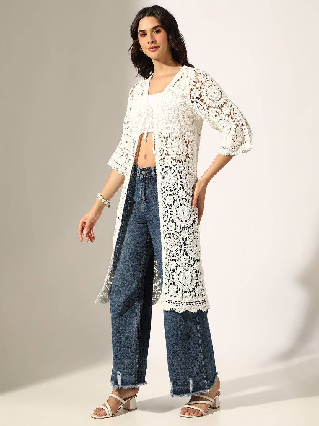 Women's White Crochet Tie-Up Shrug with Scalloped Hem