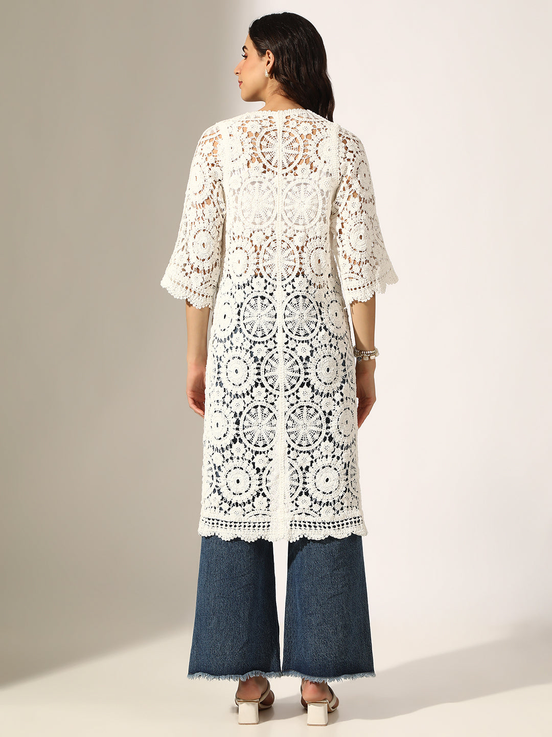 Women's White Crochet Tie-Up Shrug with Scalloped Hem