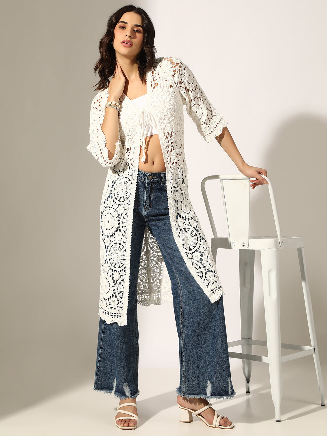 Women's White Crochet Tie-Up Shrug with Scalloped Hem