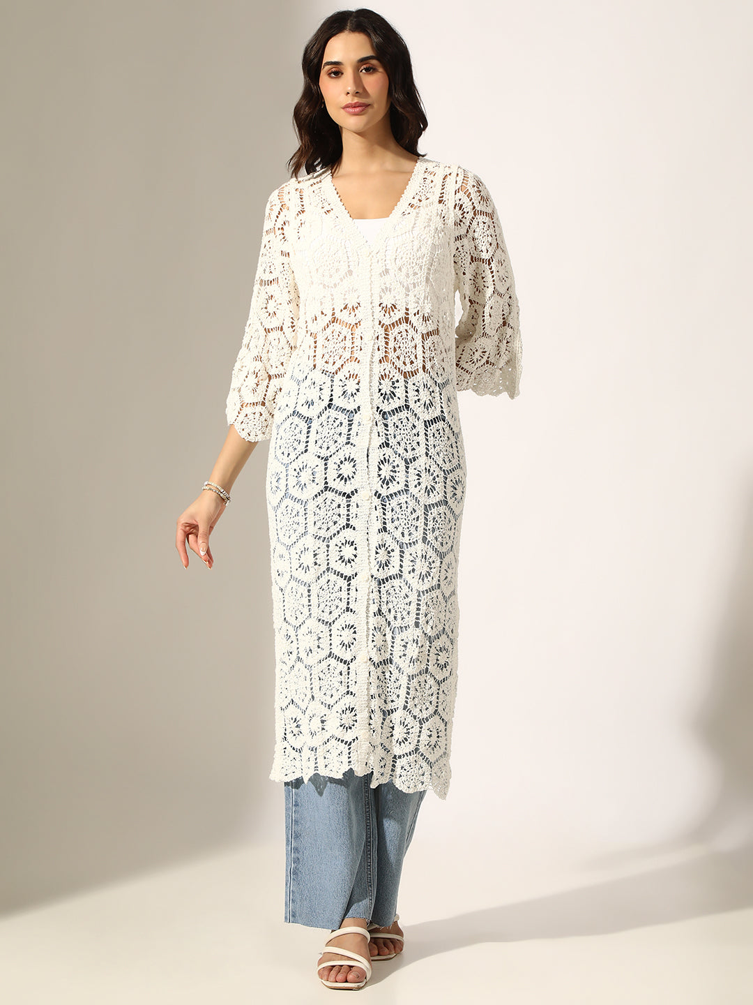 Women's White Crochet Button Up Shrug