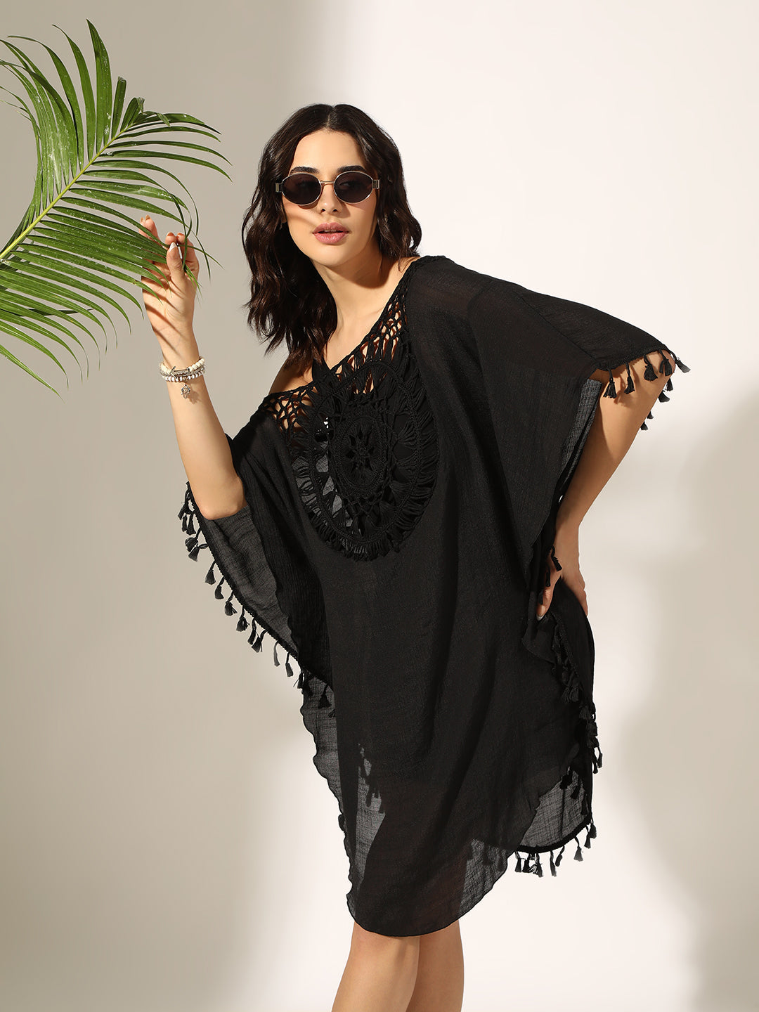 Women's Black Crochet Kaftan Dress with Tassel Trims