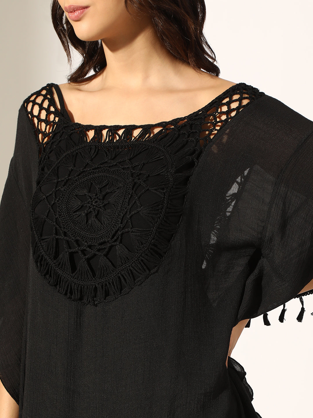 Women's Black Crochet Kaftan Dress with Tassel Trims