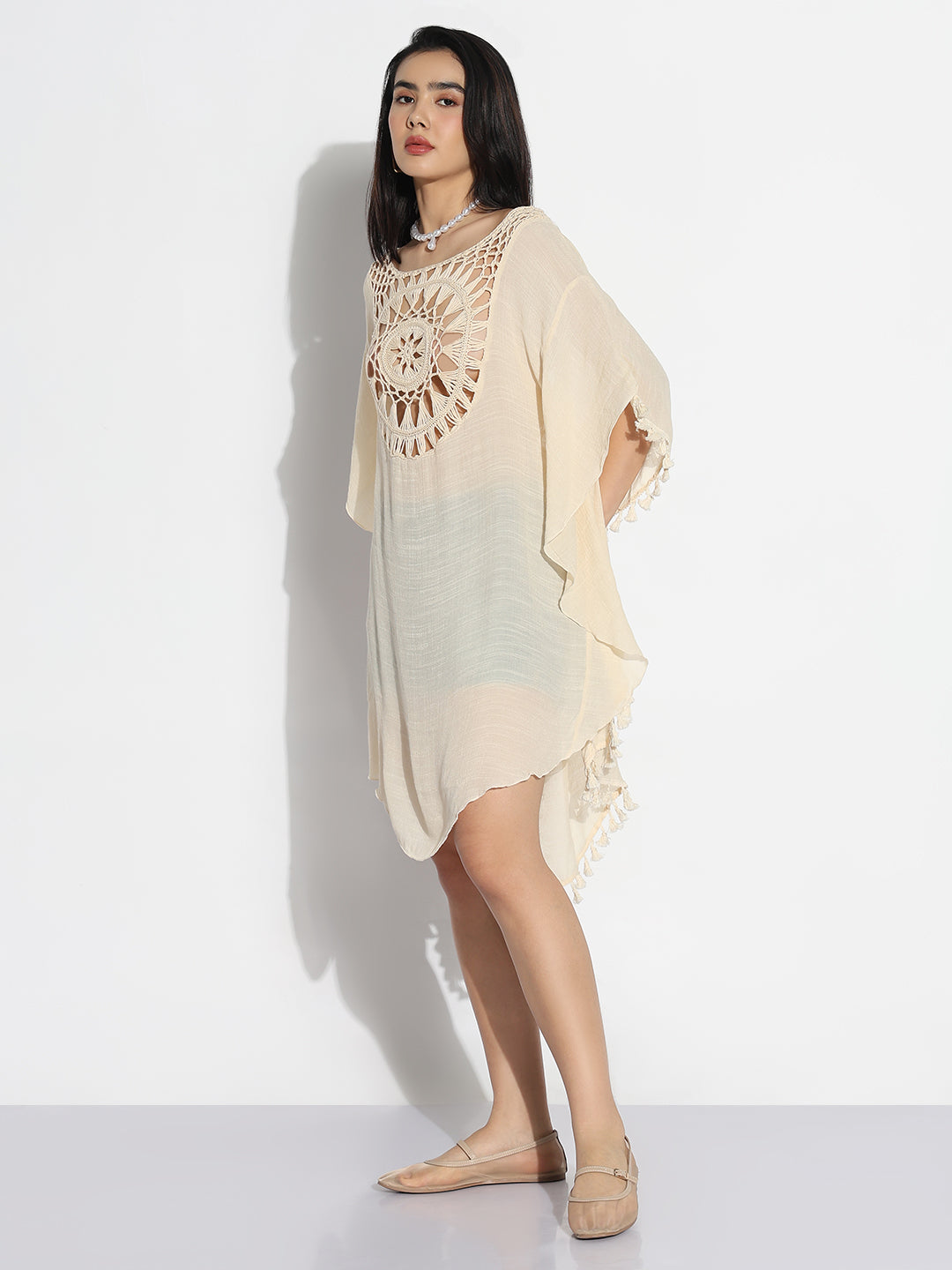 Women Cream Solid Kaftan Dress