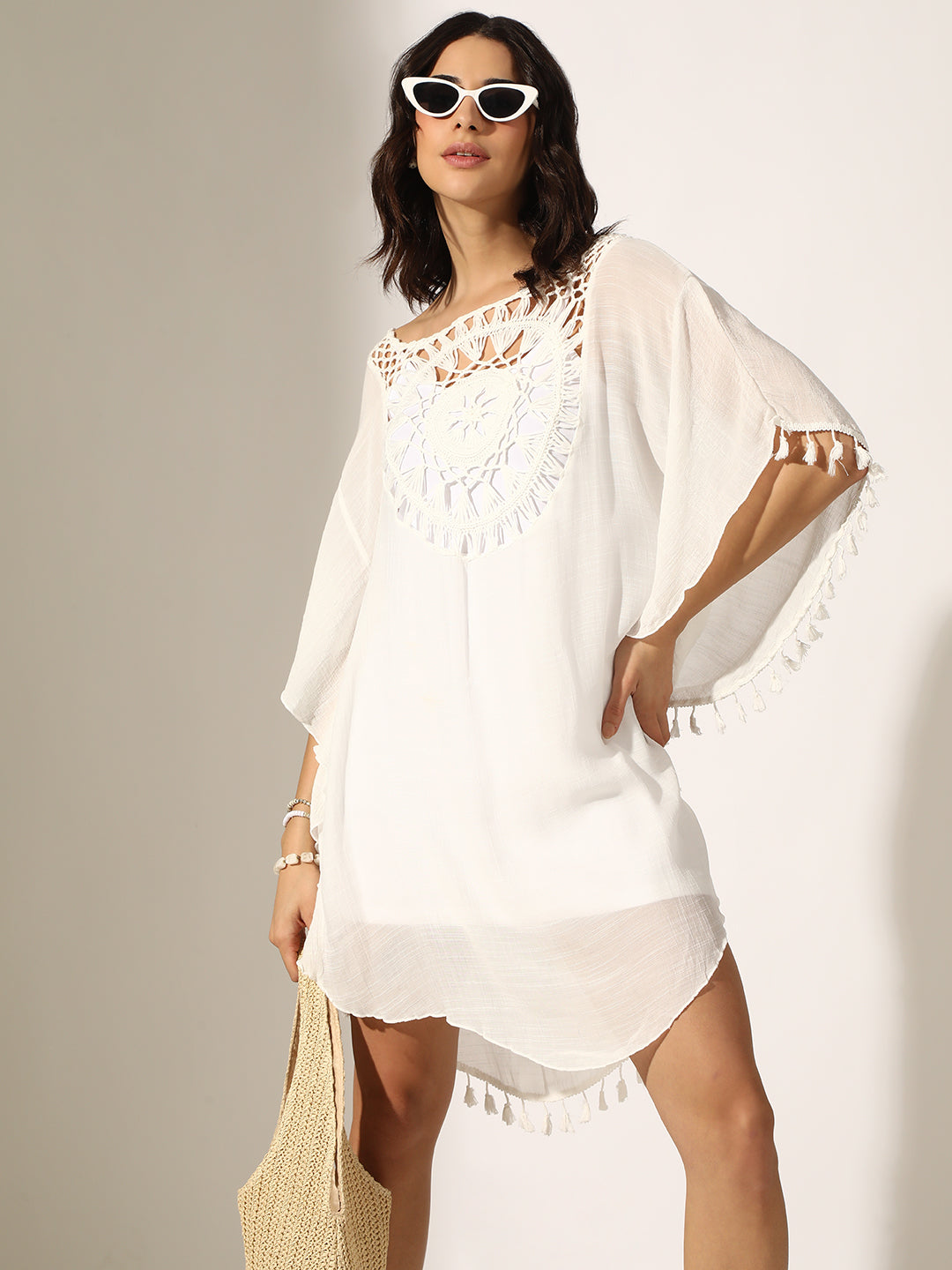 Women's White Crochet Kaftan Dress with Tassel Trims