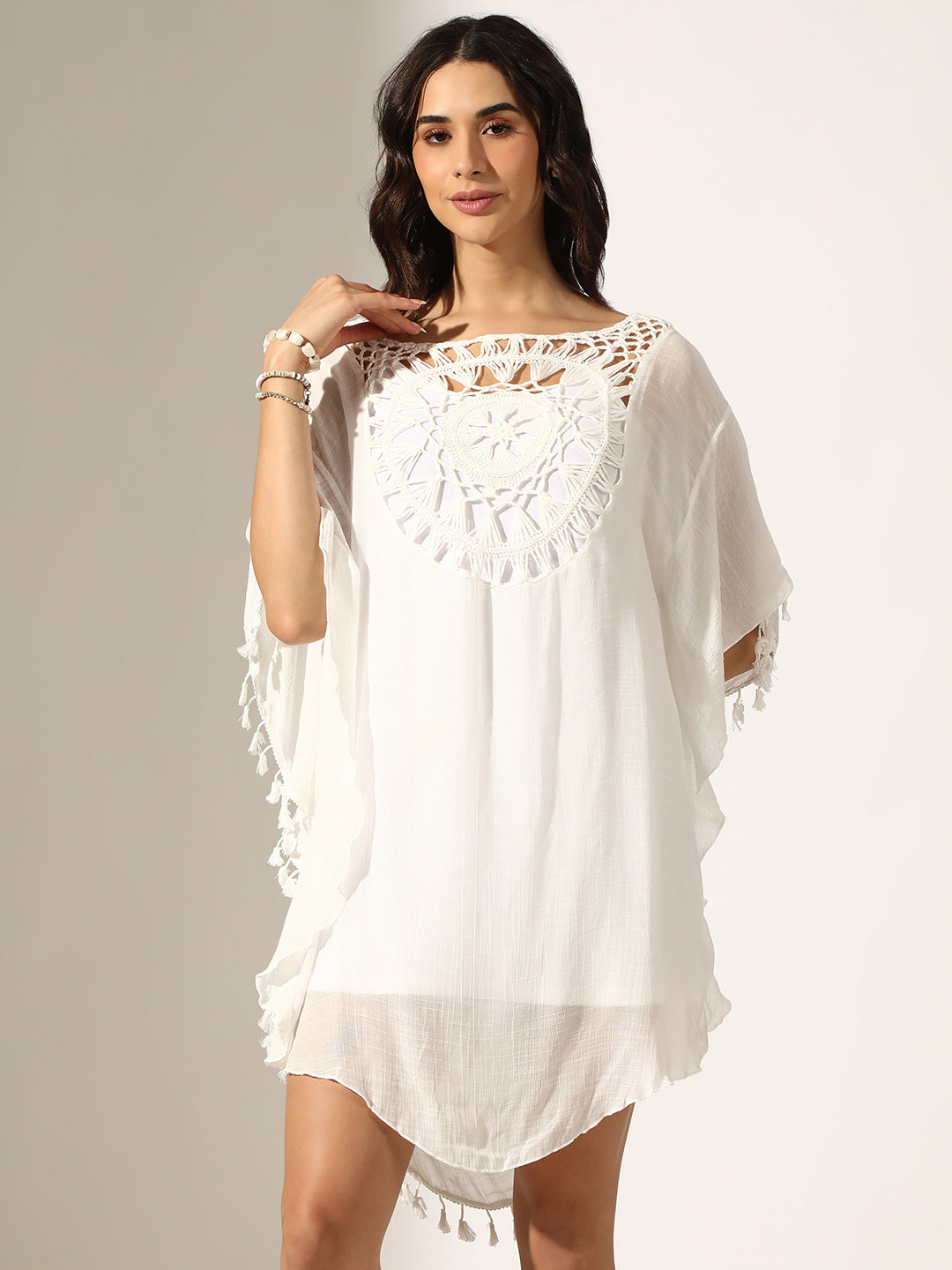 Women's White Crochet Kaftan Dress with Tassel Trims