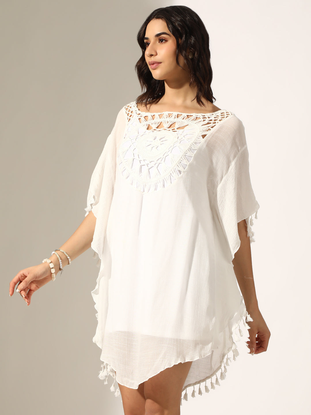 Women's White Crochet Kaftan Dress with Tassel Trims
