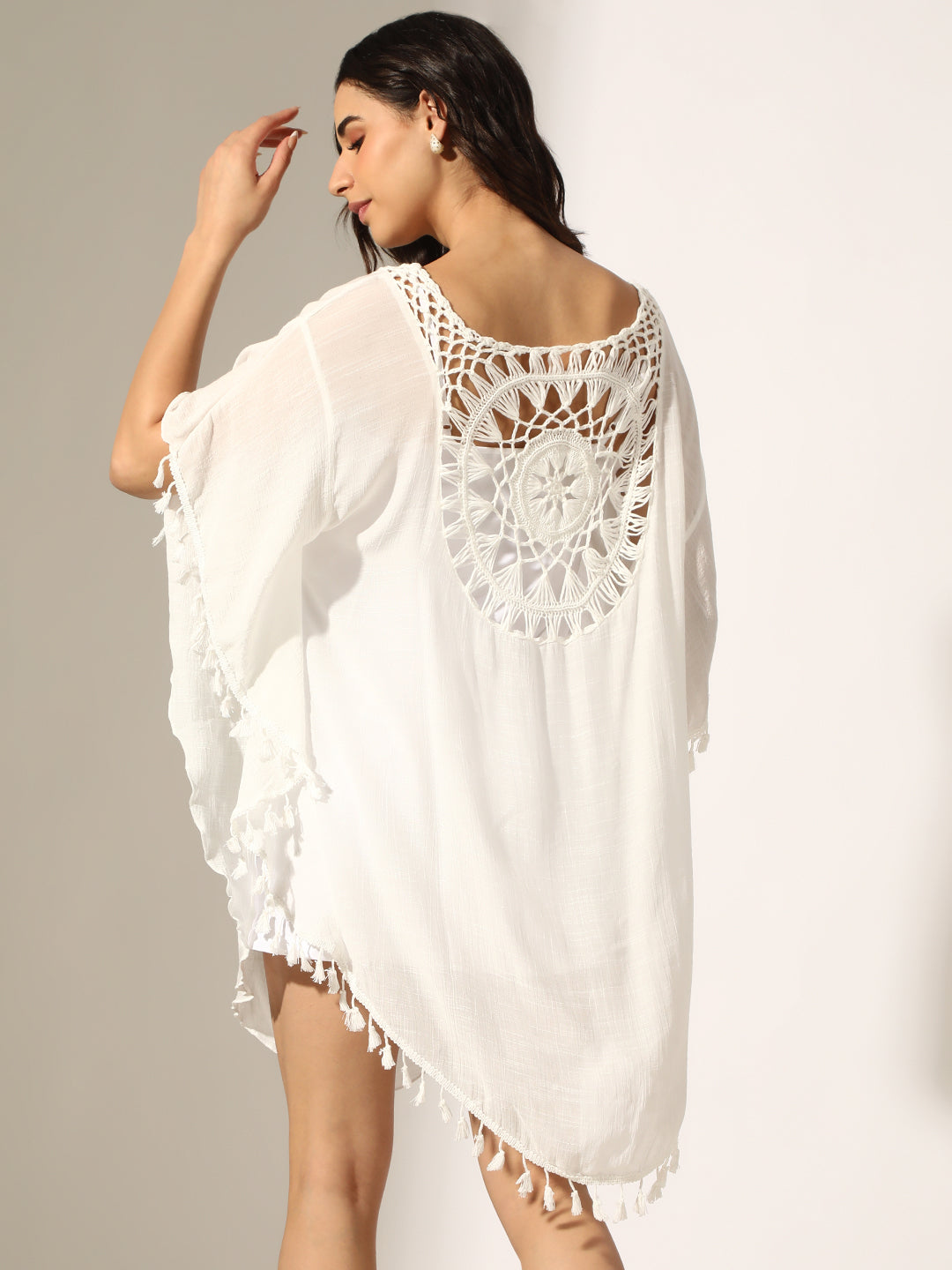 Women's White Crochet Kaftan Dress with Tassel Trims