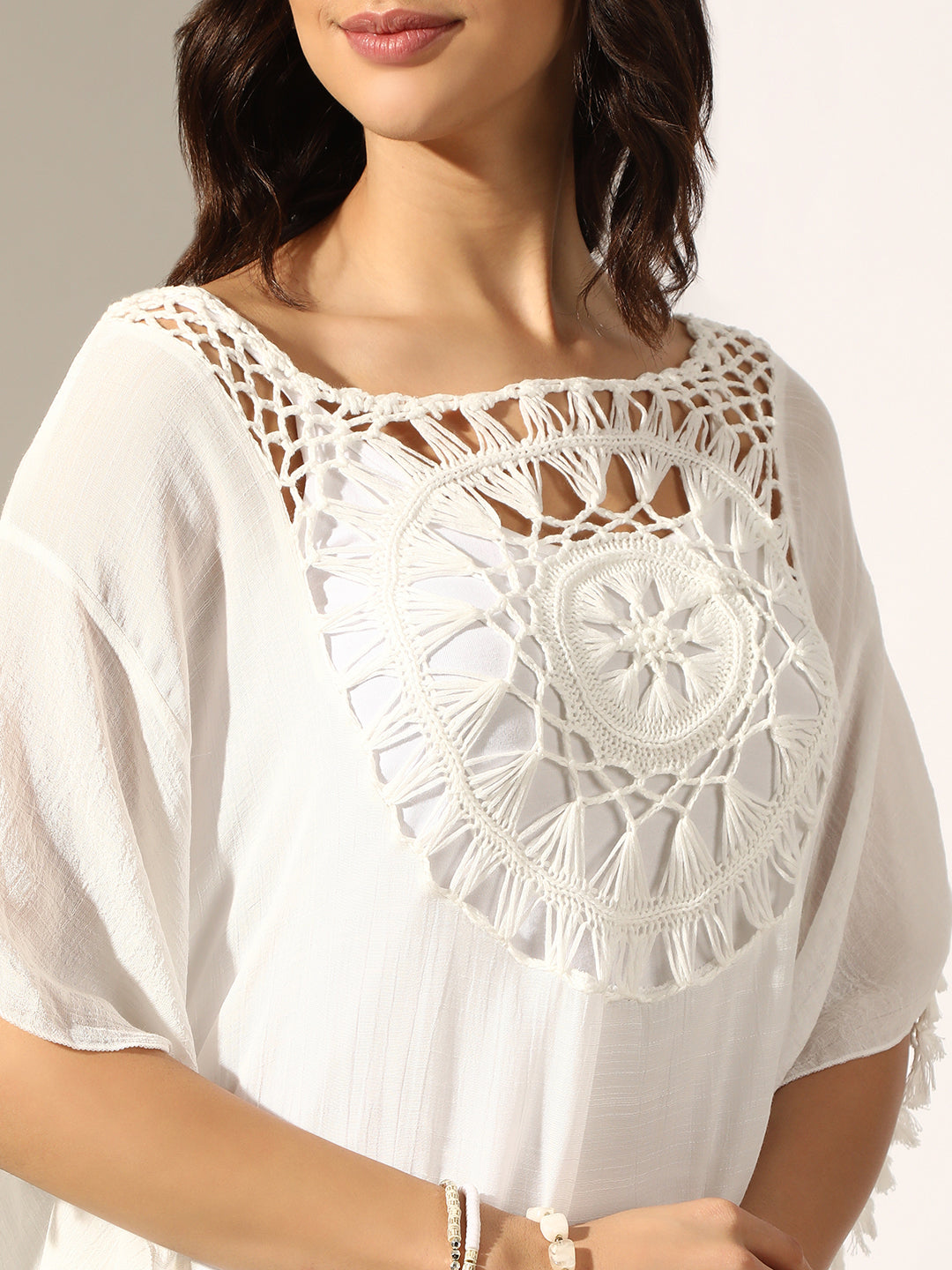 Women's White Crochet Kaftan Dress with Tassel Trims