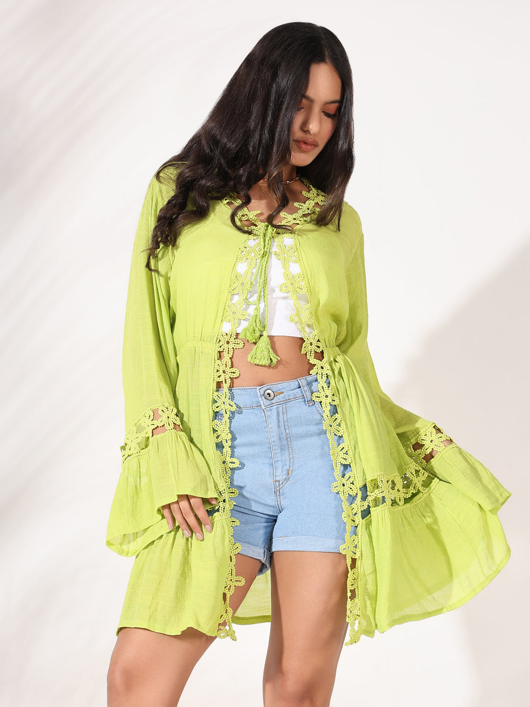 Women Green Solid Longline Shrug