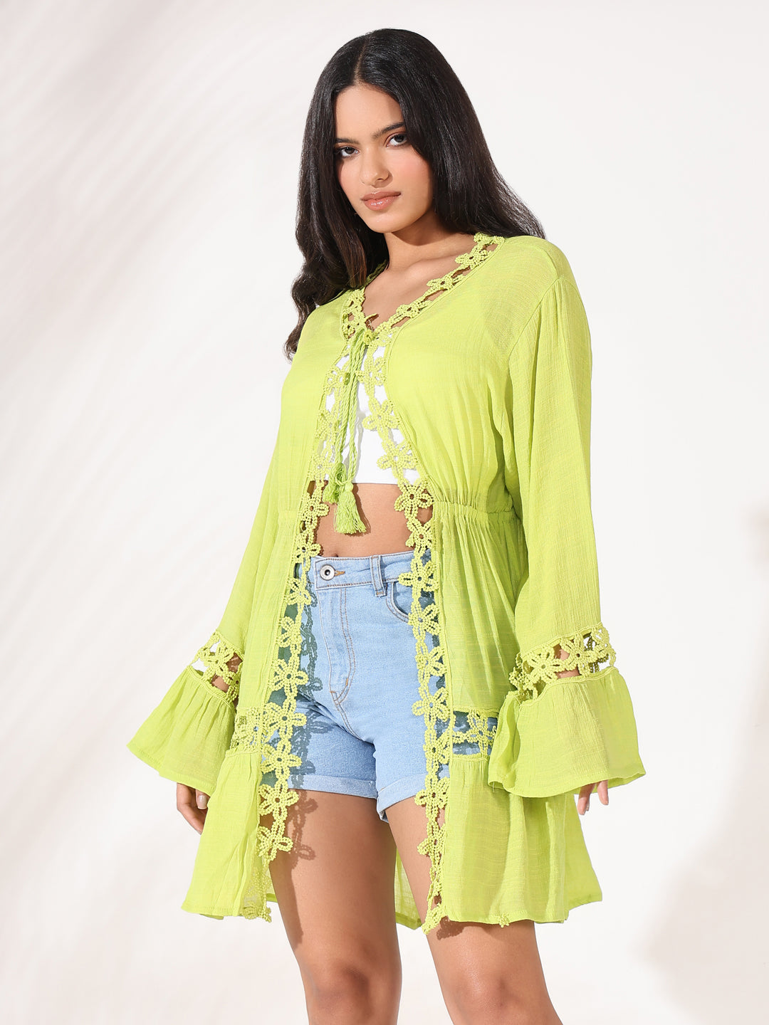 Women Green Solid Longline Shrug