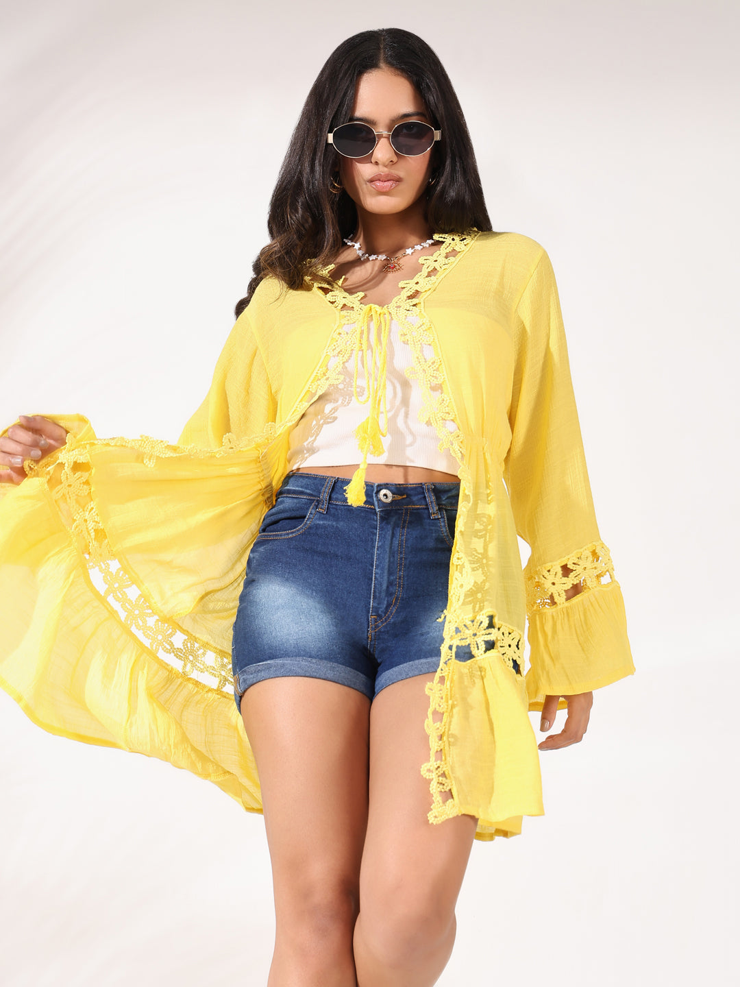 Women Yellow Solid Longline Shrug