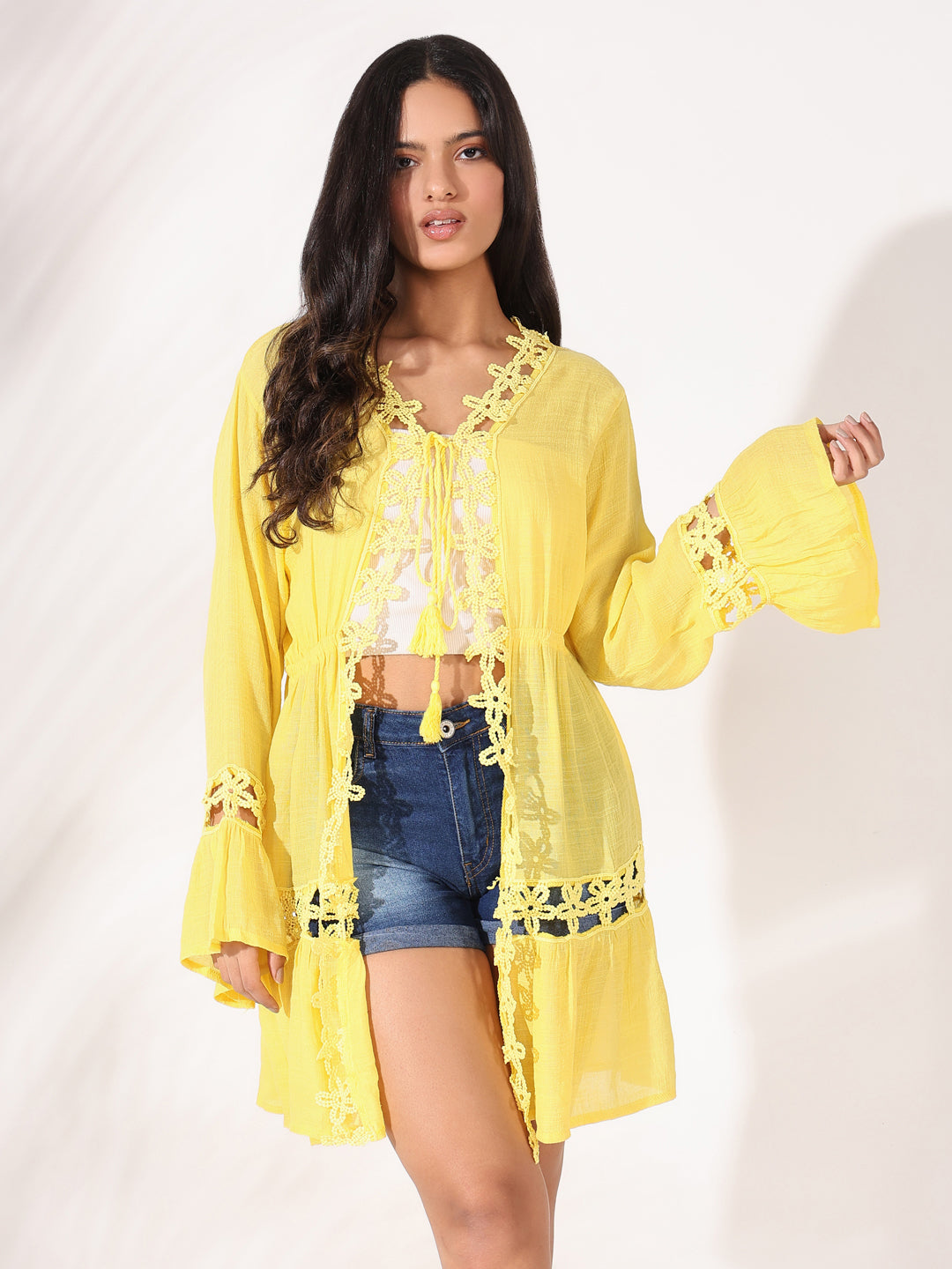 Women Yellow Solid Longline Shrug