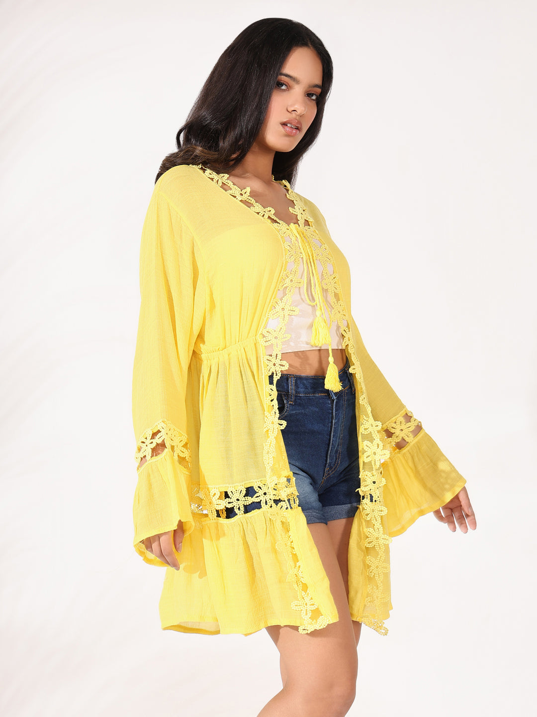 Women Yellow Solid Longline Shrug