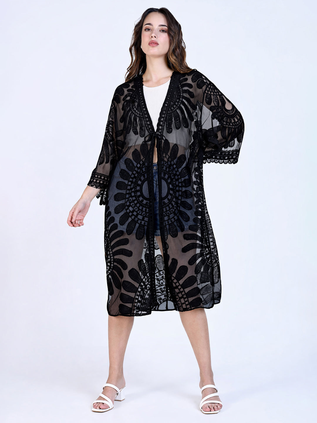 Women's Floral Embroidered Sheer Black Longline Shrug