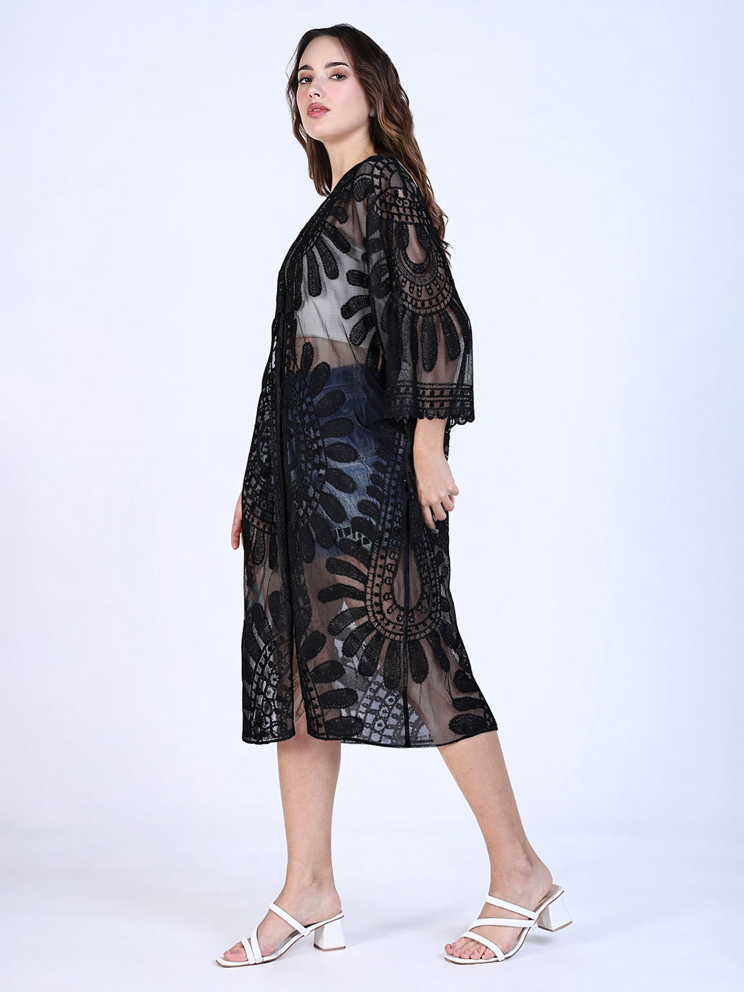 Women's Floral Embroidered Sheer Black Longline Shrug