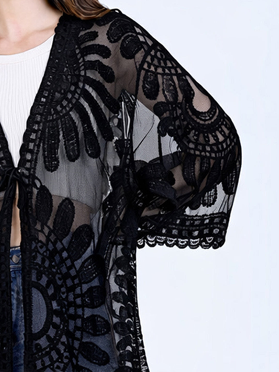 Women's Floral Embroidered Sheer Black Longline Shrug