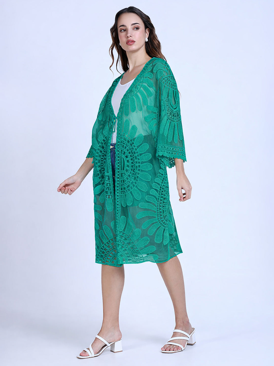 Women's Floral Embroidered Sheer Green Longline Shrug