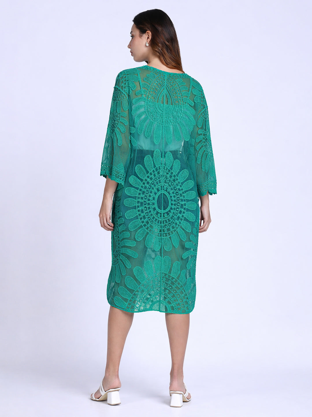 Women's Floral Embroidered Sheer Green Longline Shrug