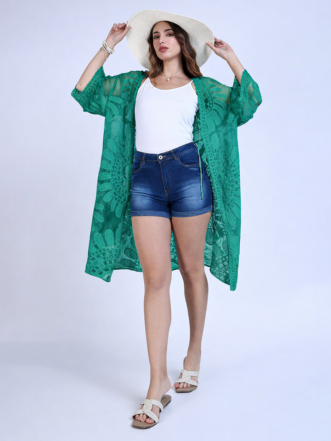 Women's Floral Embroidered Sheer Green Longline Shrug