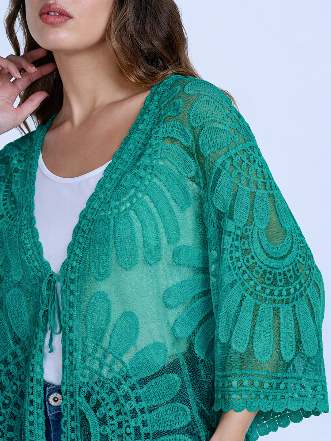 Women's Floral Embroidered Sheer Green Longline Shrug