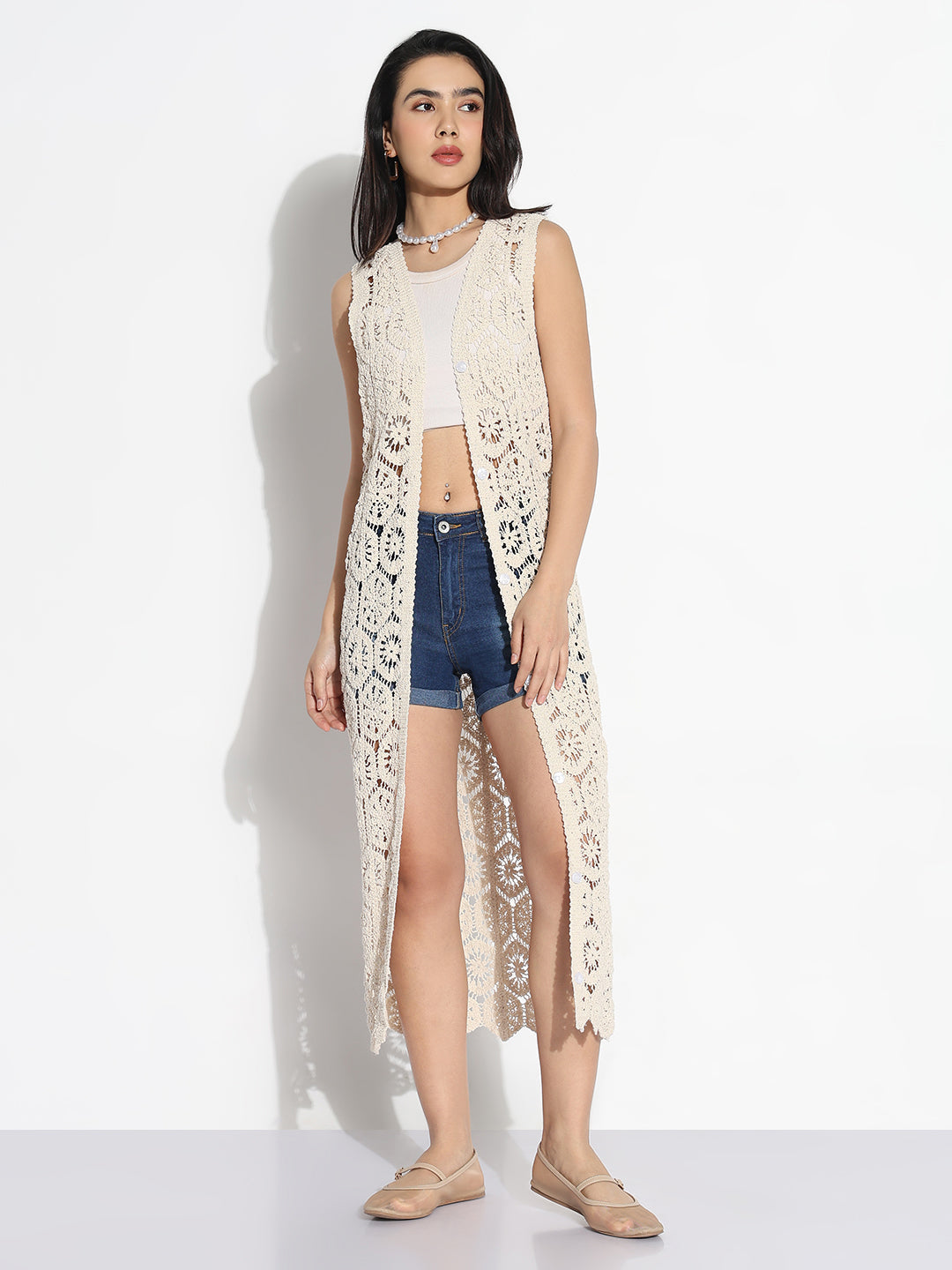 Women Cream Self Design Longline Crochet Shrug