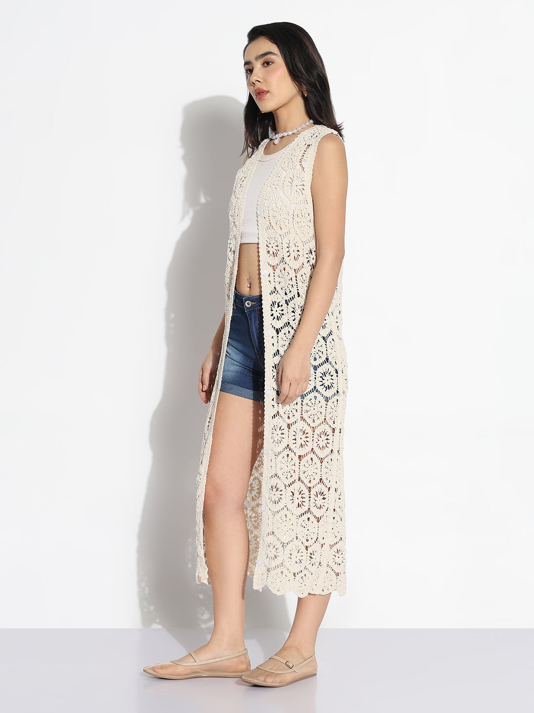 Women Cream Self Design Longline Crochet Shrug