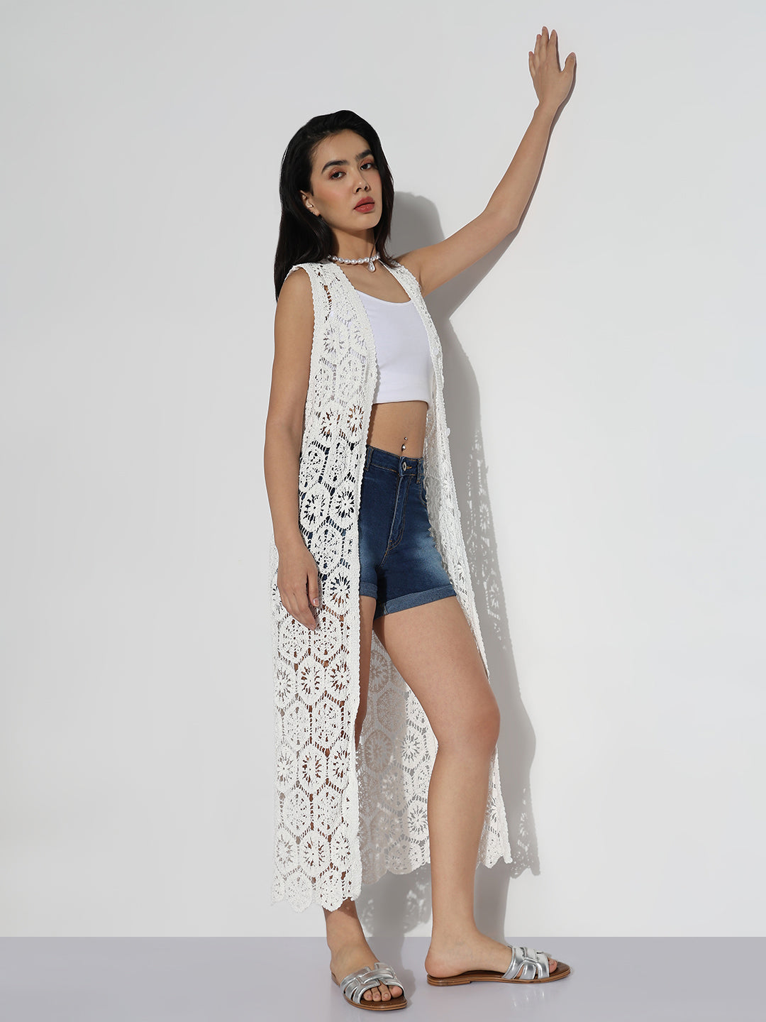 Women White Self Design Longline Crochet Shrug