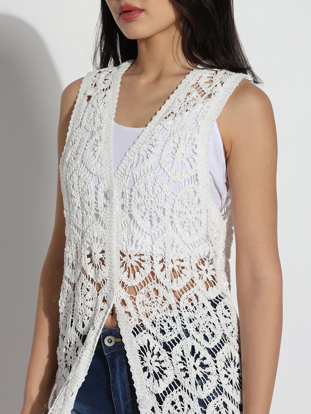 Women White Self Design Longline Crochet Shrug