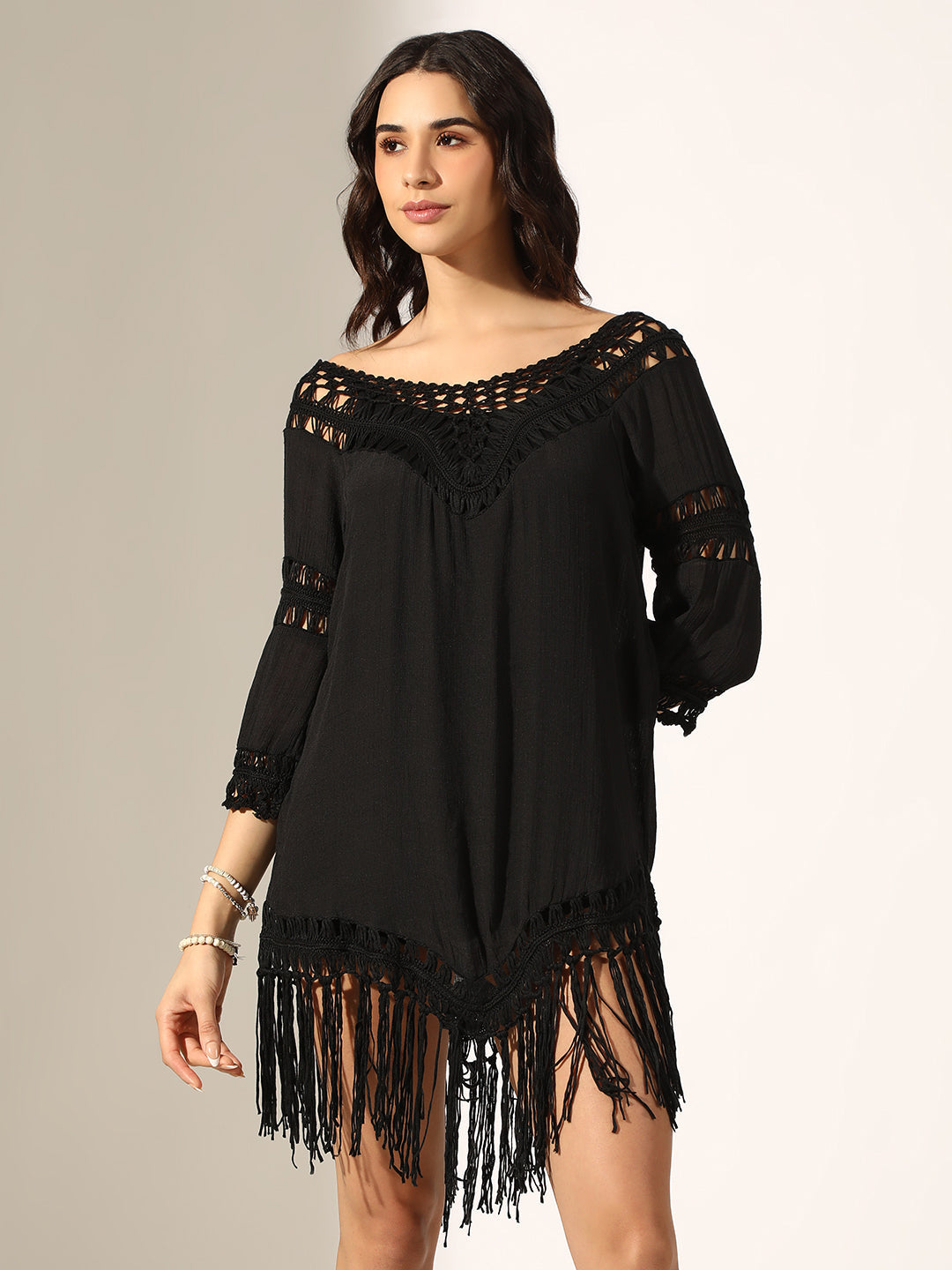 Women's Black Crochet Mini Dress with Fringe Hem