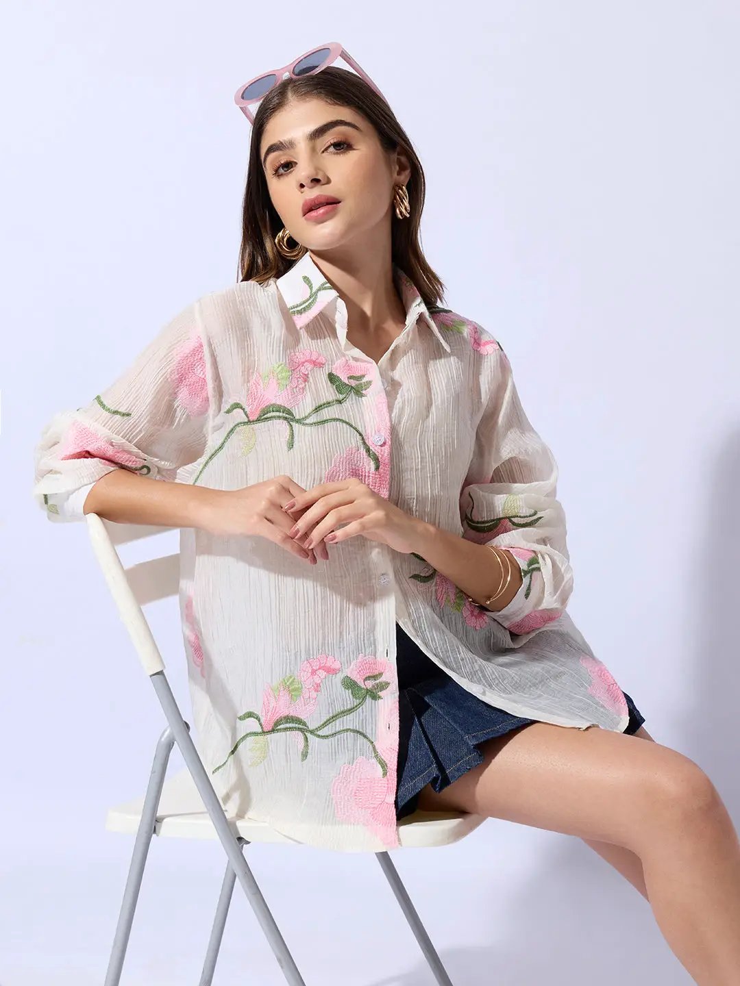 Women's Embroidered Floral Cream Shirt