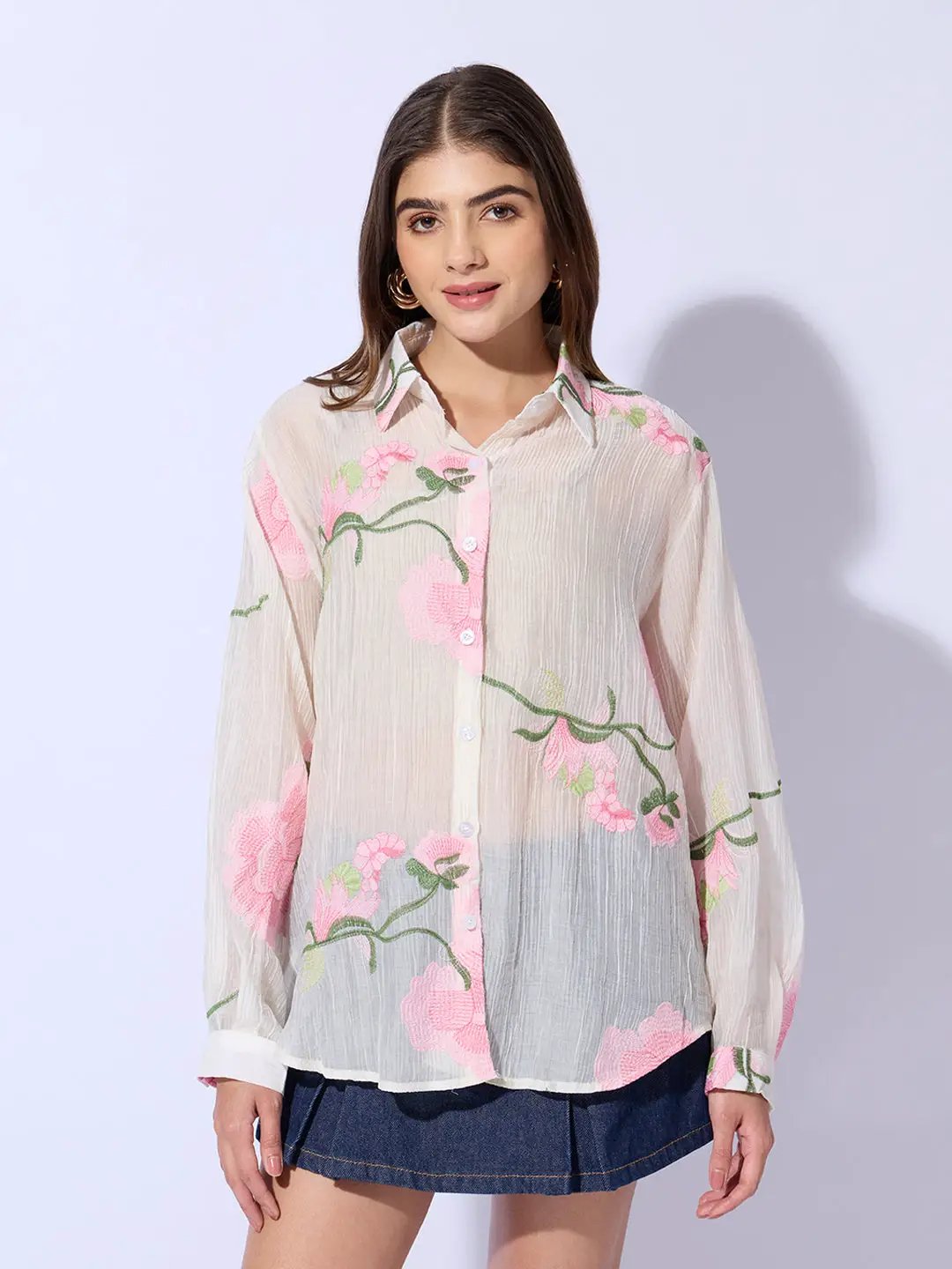 Women's Embroidered Floral Cream Shirt