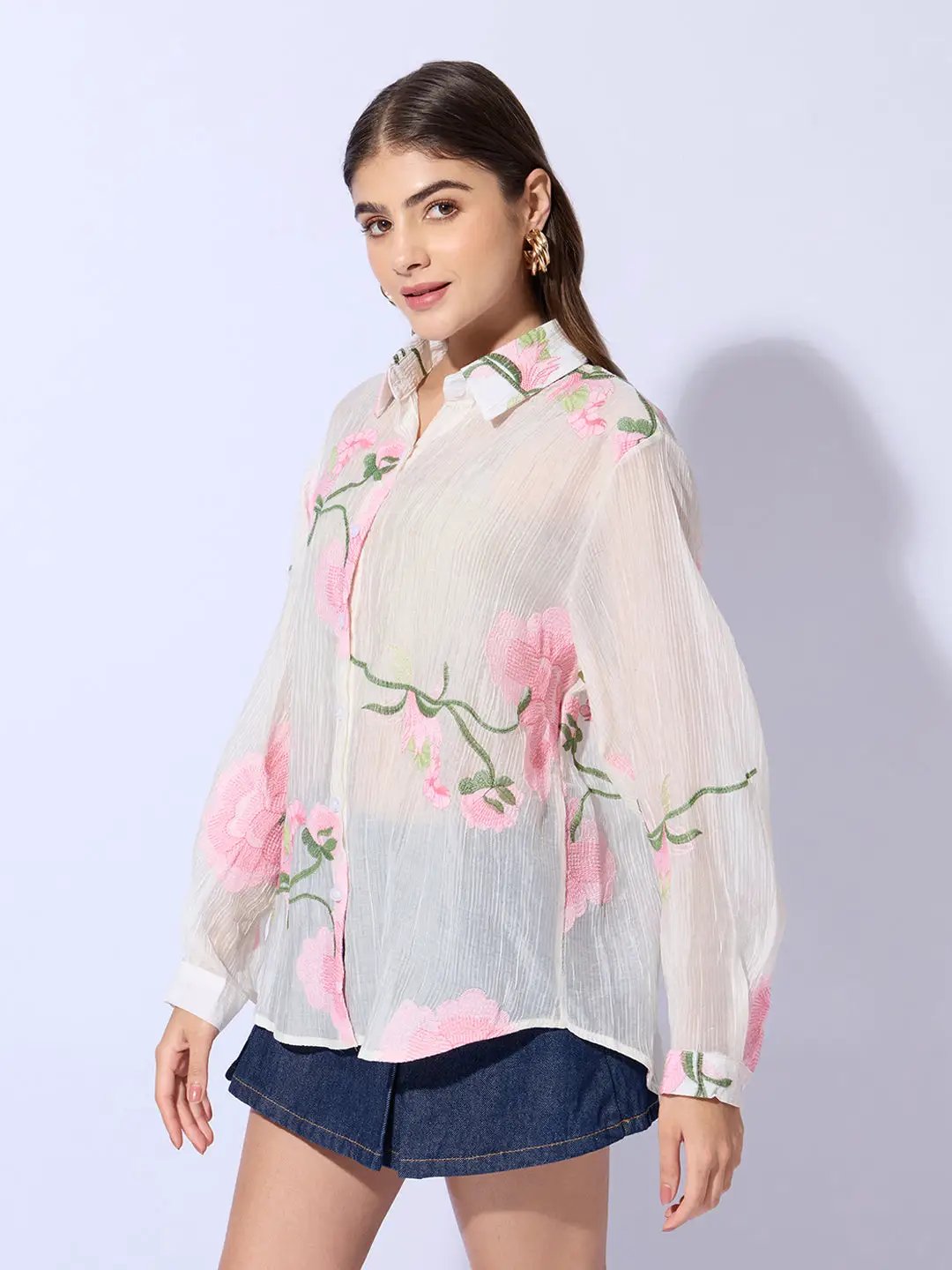 Women's Embroidered Floral Cream Shirt