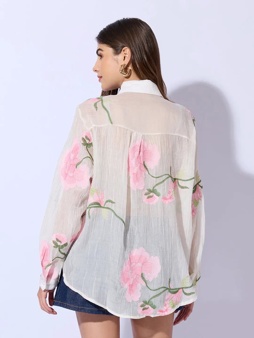 Women's Embroidered Floral Cream Shirt