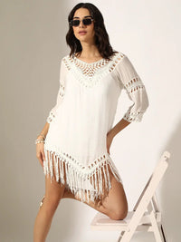 Women's White Crochet Mini Dress with Fringe Hem