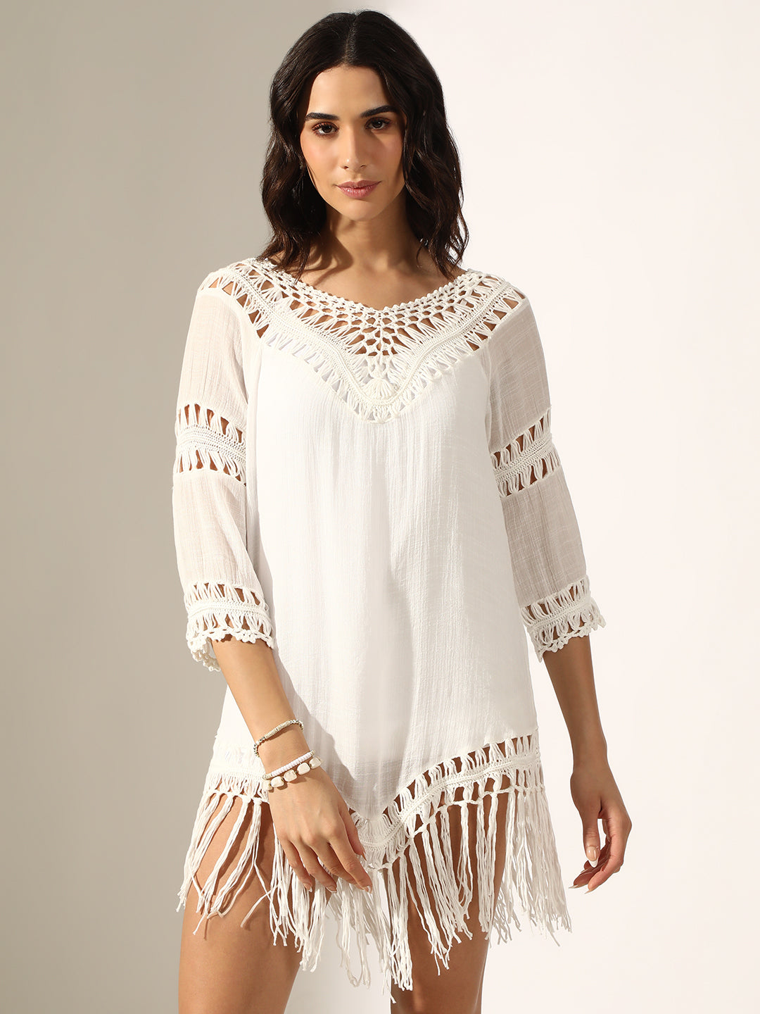 Women's White Crochet Mini Dress with Fringe Hem
