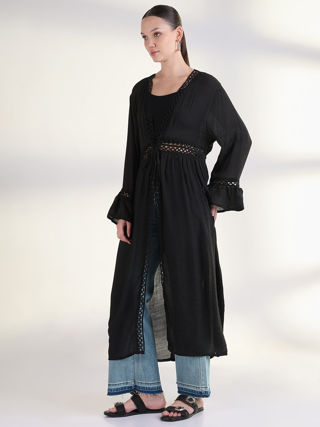 Women's Solid Black Longline Shrug
