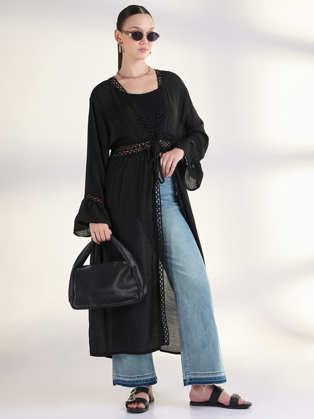 Women's Solid Black Longline Shrug