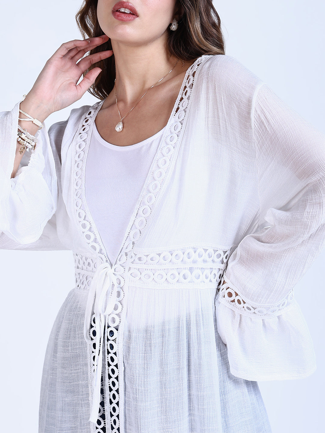 Women White Solid Longline Shrug