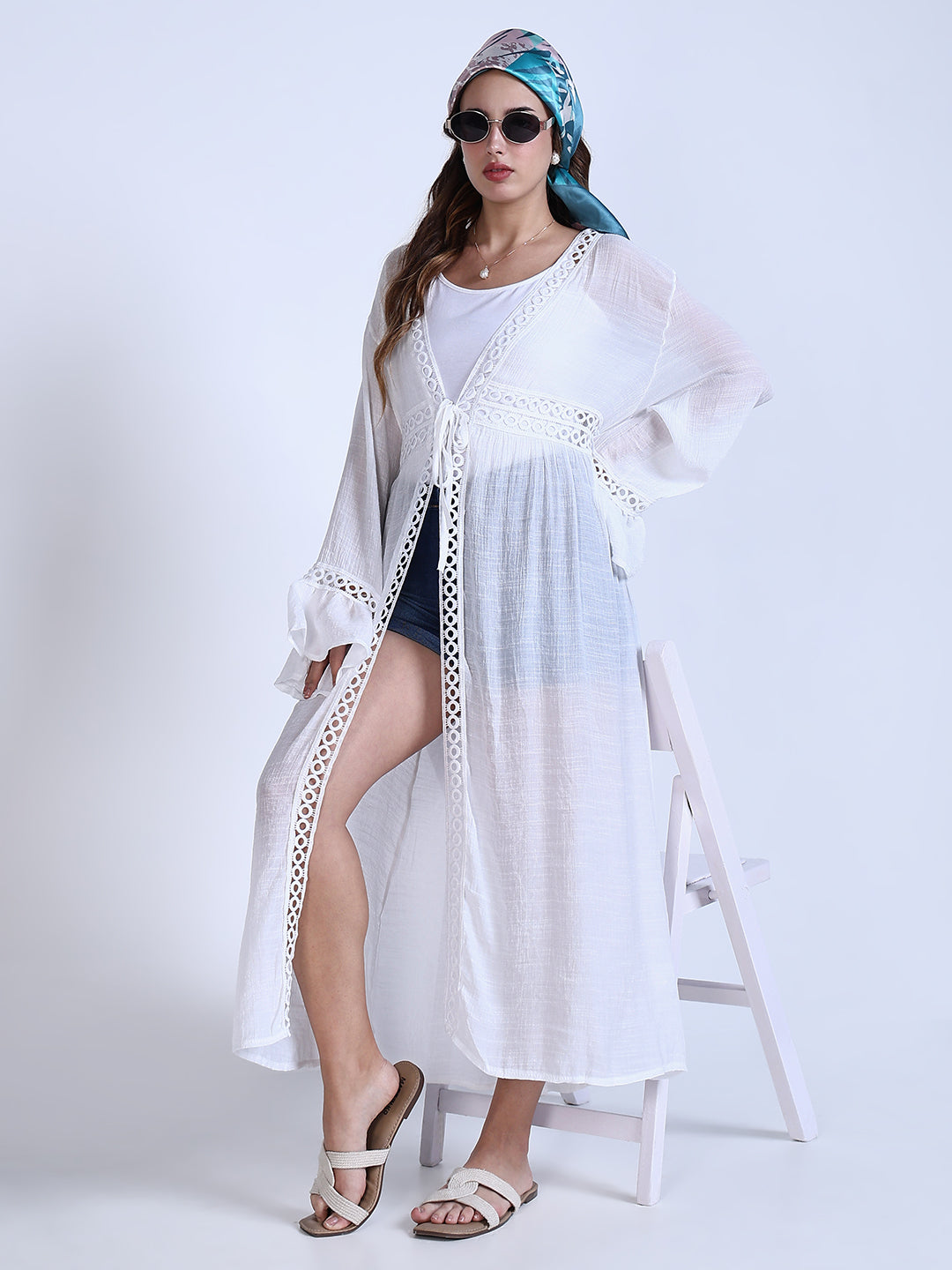 Women White Solid Longline Shrug