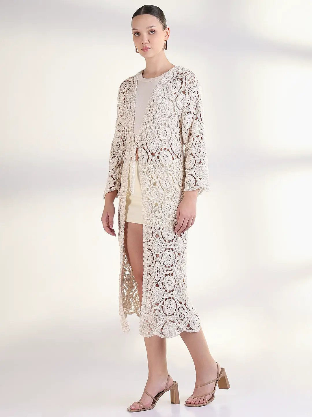 Women's Self Design Cream Longline Crochet Shrug - from SHOWOFFFF