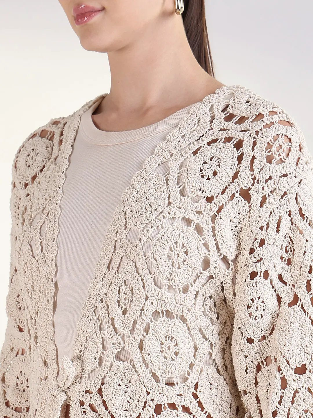 Women's Self Design Cream Longline Crochet Shrug - from SHOWOFFFF
