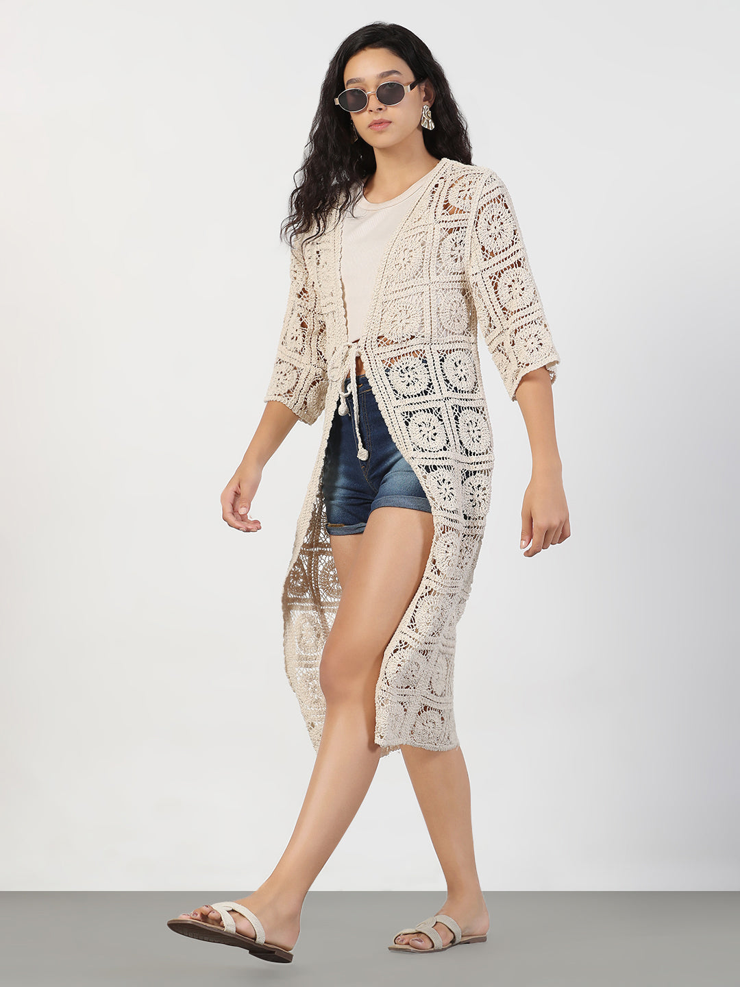 Women Cream Self Design Longline Crochet Shrug