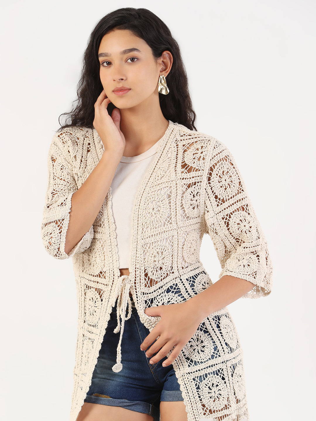 Women Cream Self Design Longline Crochet Shrug