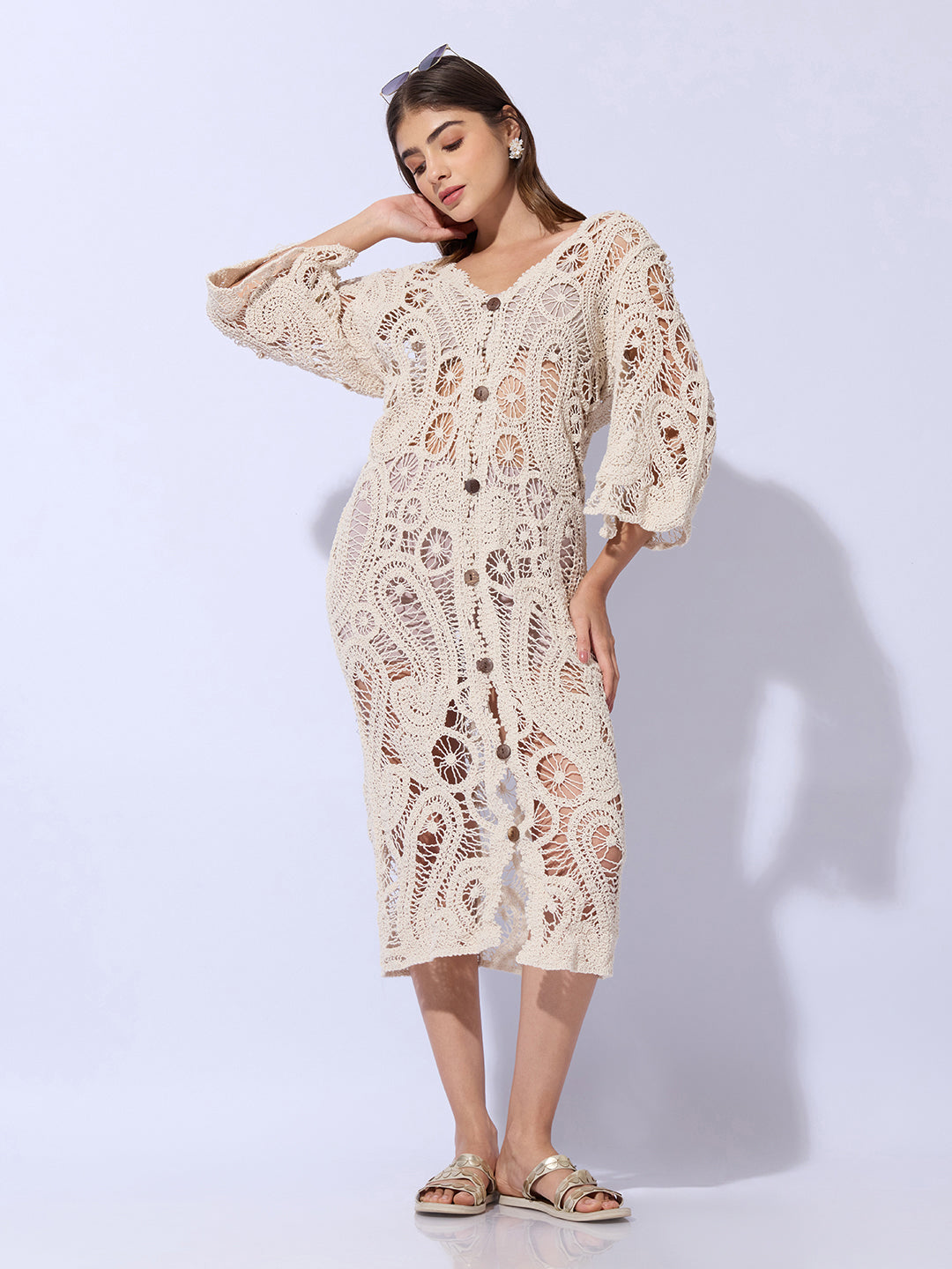 Women's Crochet Cream Longline Button Front Shrug