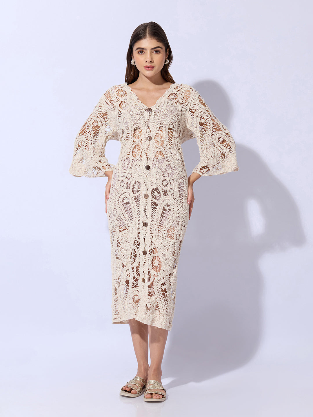 Women's Crochet Cream Longline Button Front Shrug