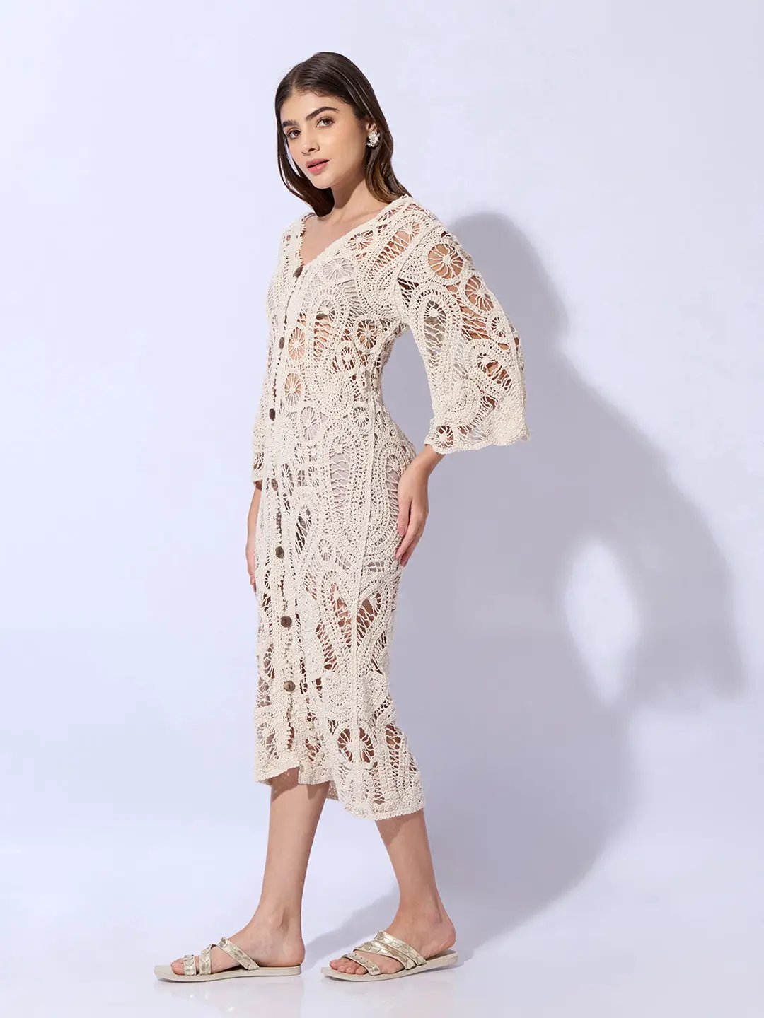Women's Crochet Cream Longline Button Front Shrug - from SHOWOFFFF