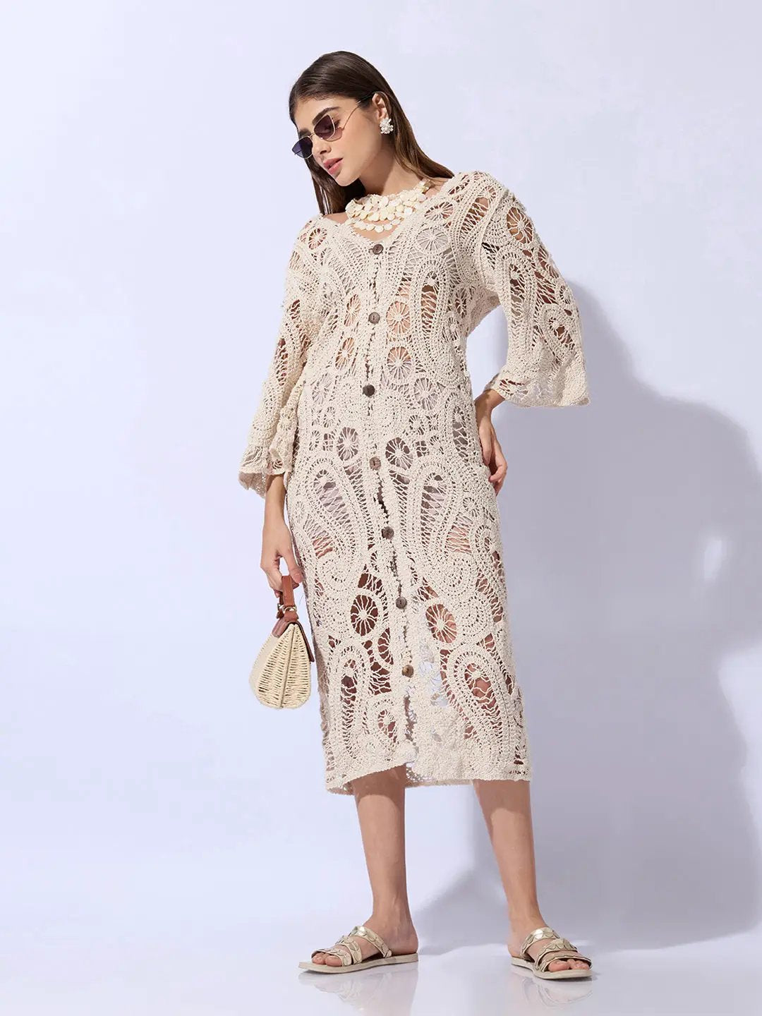 Women's Crochet Cream Longline Button Front Shrug - from SHOWOFFFF